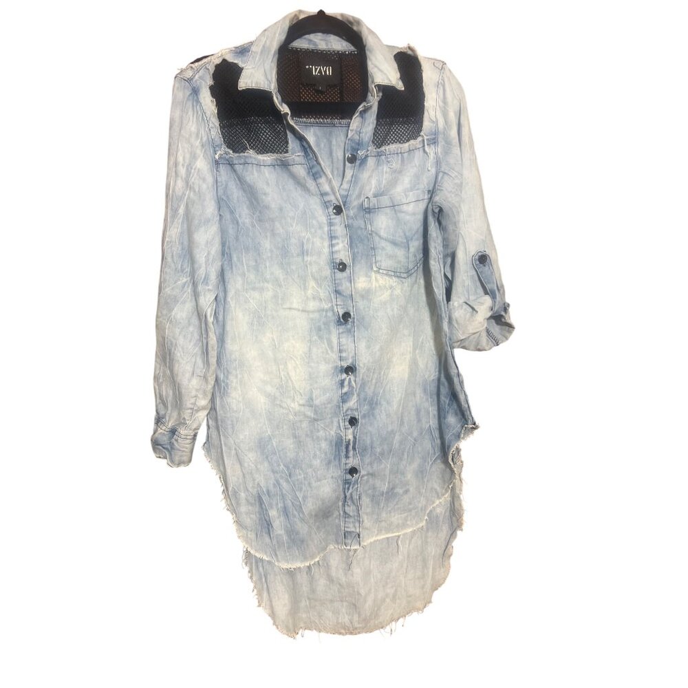 DAZL Chambray Shirt Black Mesh Long Tab Sleeves Longer Back Raw Edge Sz L